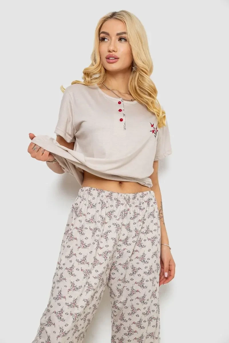 Піжама жіноча з принтом, колір бежевий, 243R6967 2