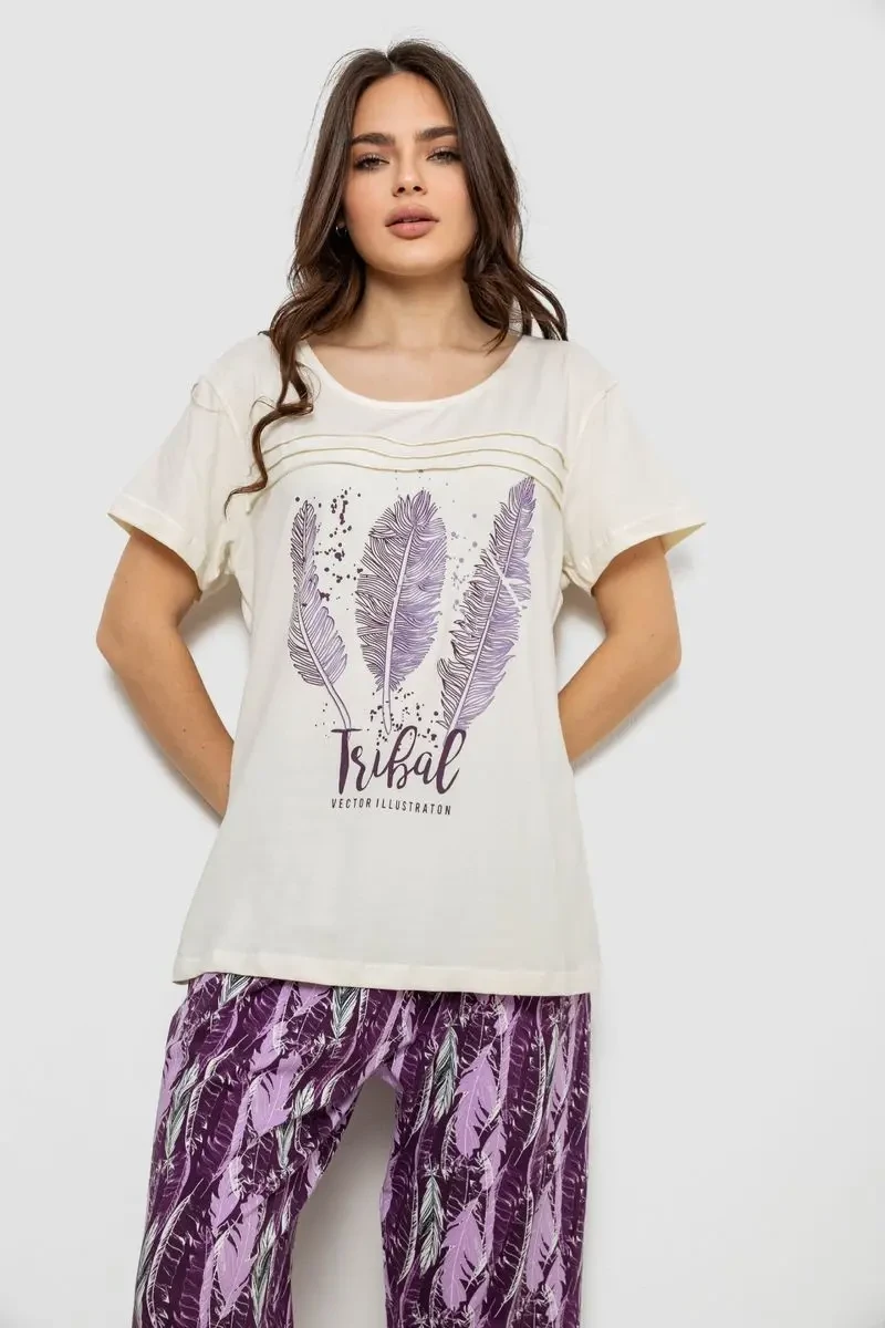 Жіноча піжама з принтом, колір молочний, 243R1602-002 2