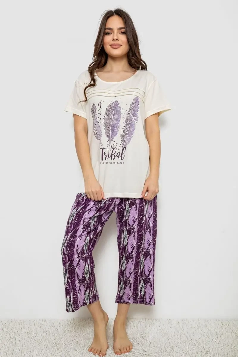 Жіноча піжама з принтом, колір молочний, 243R1602-002