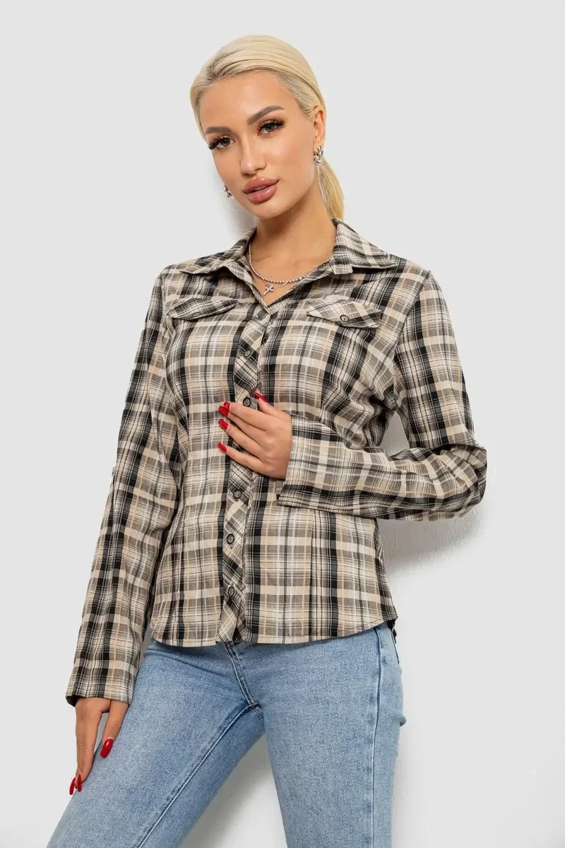 Сорочка жіноча в клітку, колір бежевий, 230R064-1 3