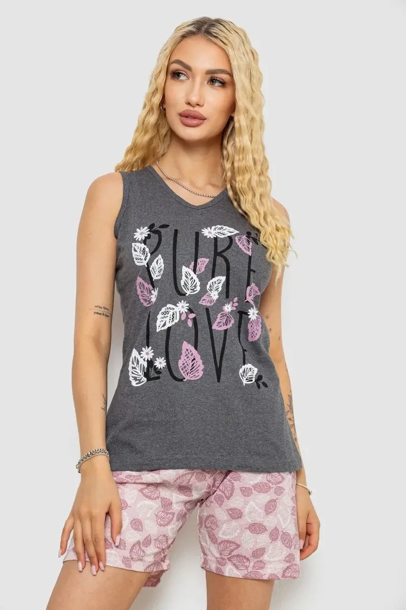 Піжама жіноча з принтом, колір сірий, 243R9624