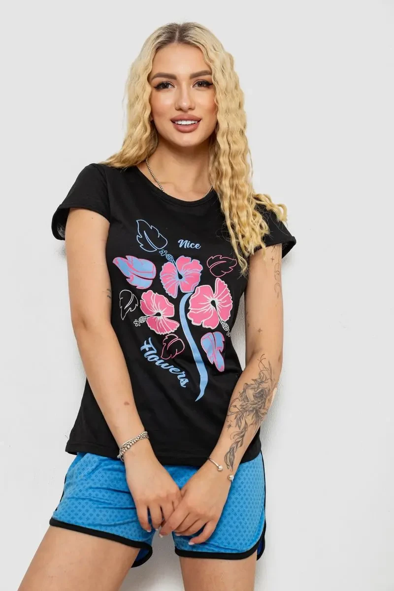 Піжама жіноча з принтом, колір чорний, 243R8929