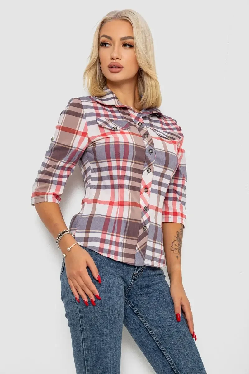 Сорочка жіноча в клітку, колір молочно-червоний, 230R063 3