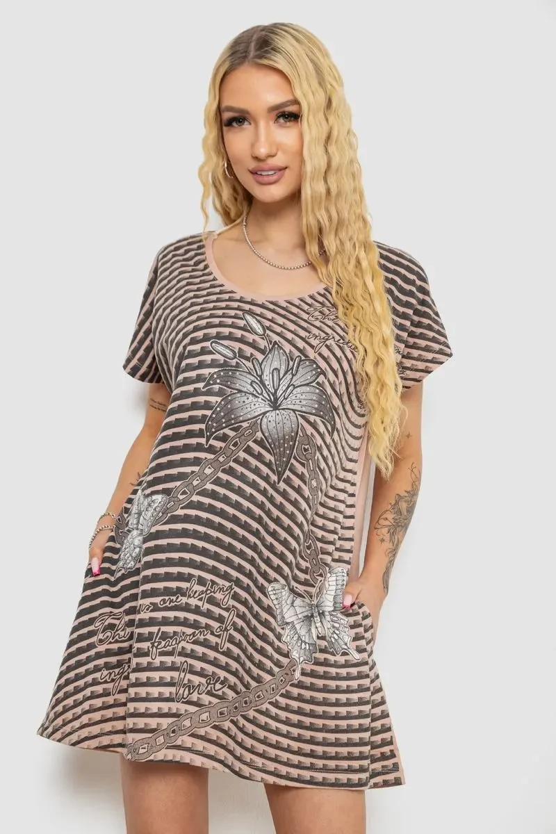 Туніка жіноча з принтом, колір бежево-чорний, 238RBD378