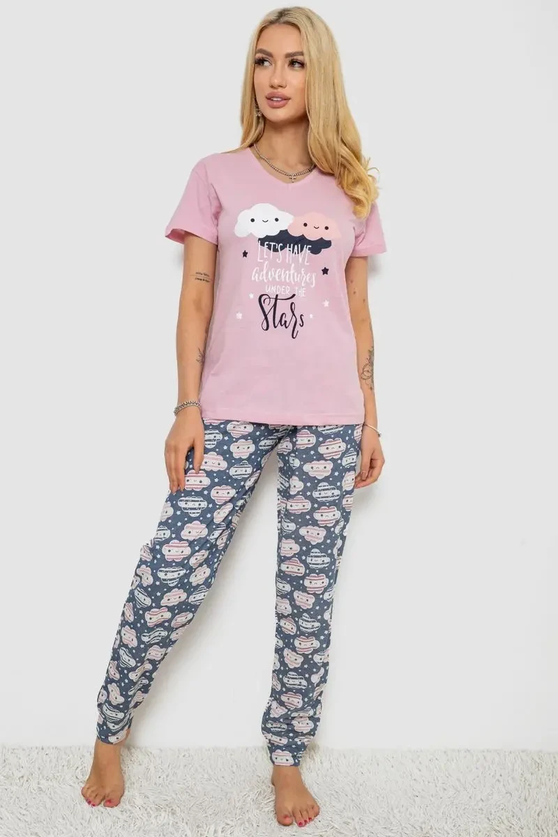 Піжама жіноча з принтом, колір рожево-сірий, 243R9212