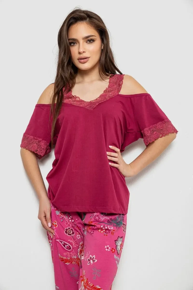 Піжама жіноча з принтом, колір бордовий, 243R1600-015 2