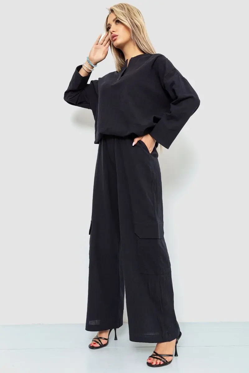 Костюм жіночий вільного крою жатка, колір чорний, 115R0530 3