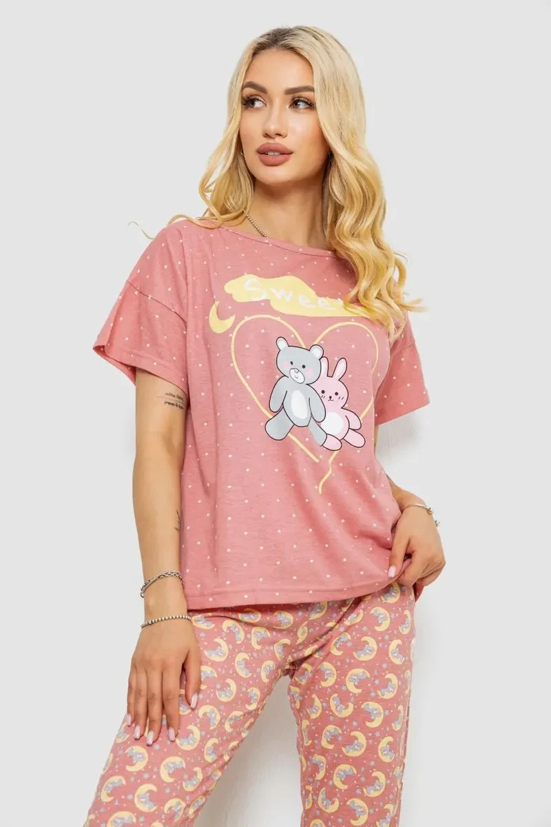 Піжама жіноча з принтом, колір пудровий, 243R15492 2