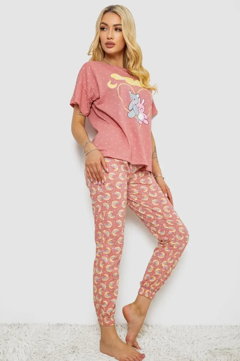 Піжама жіноча з принтом, колір пудровий, 243R15492 3
