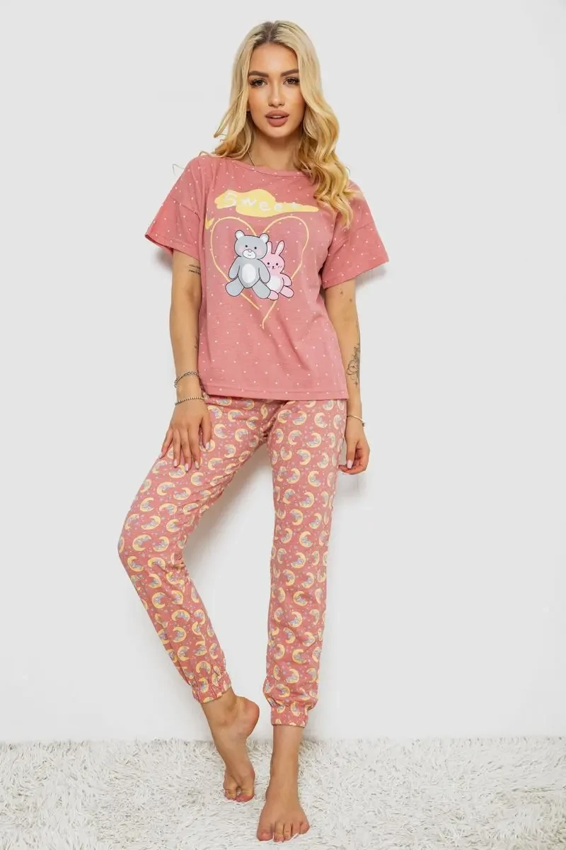 Піжама жіноча з принтом, колір пудровий, 243R15492