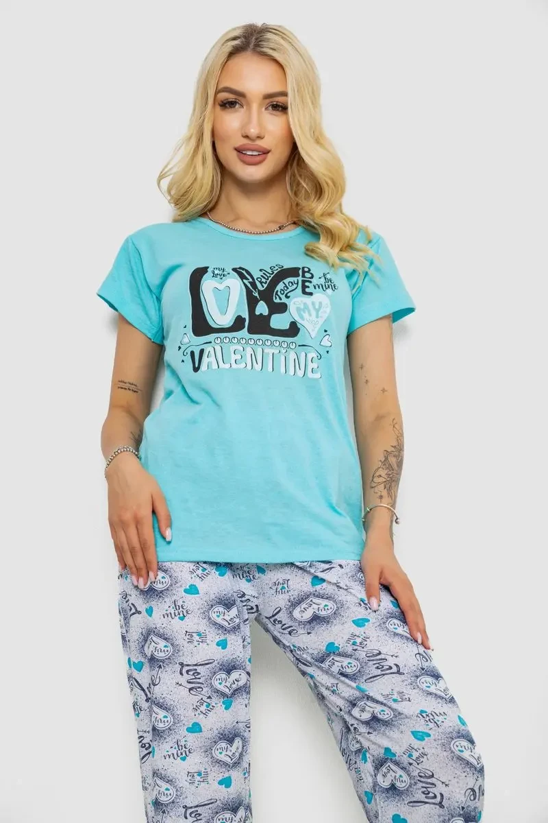 Піжама жіноча з принтом, колір бірюзовий, 243R2499 2