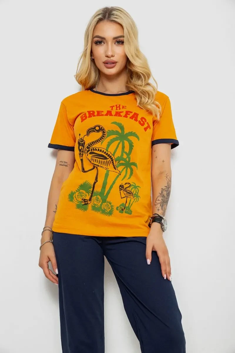 Піжама жіноча з принтом, колір помаранчевий, 243R30021 2