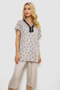 Піжама жіноча з принтом, колір бежевий, 243R6968