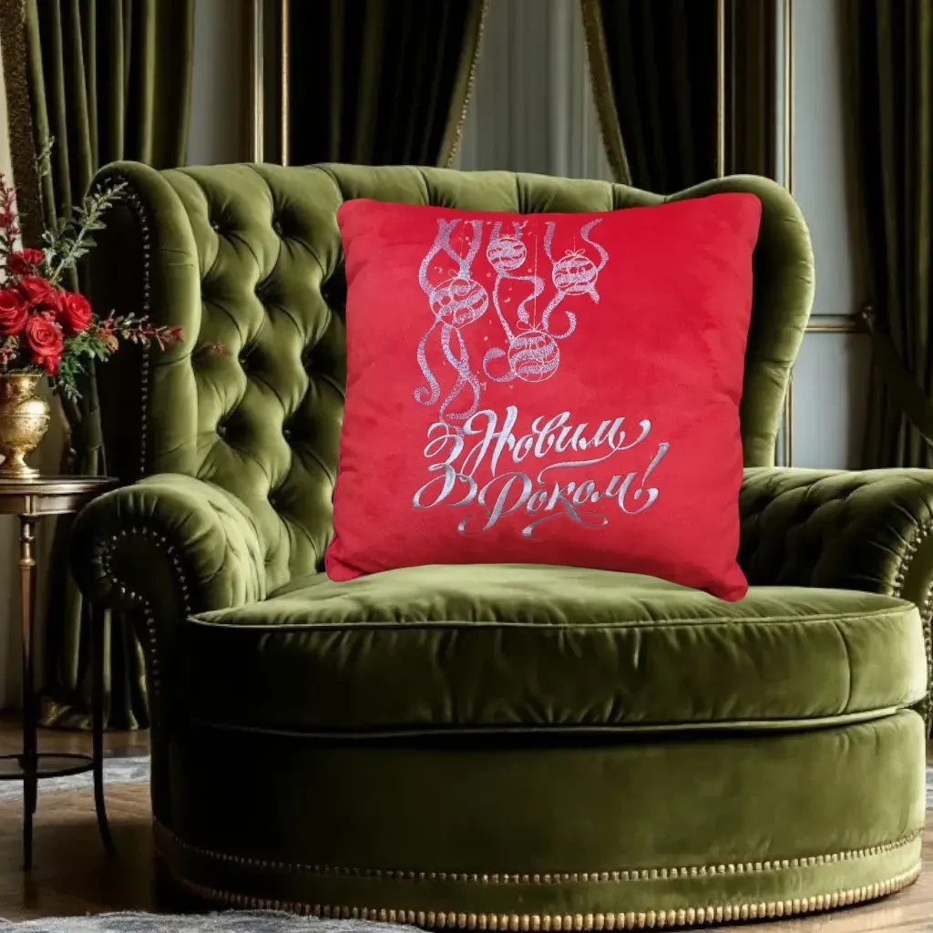 Подушка декоративная новогодняя c вышивкой красный гирлянда 00005