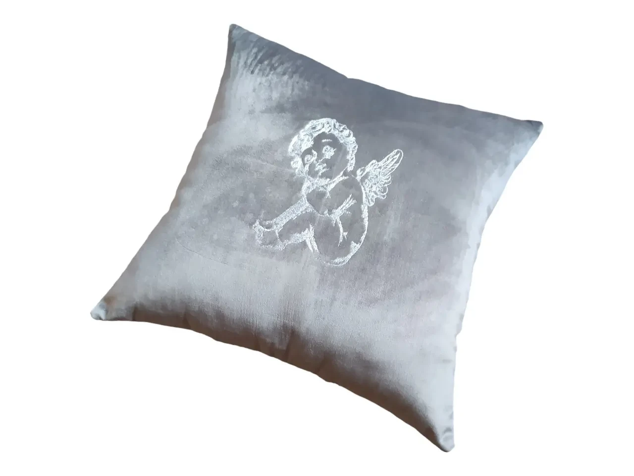Подушка декоративная c вышивкой серый крестнику ребенку ангел 00137