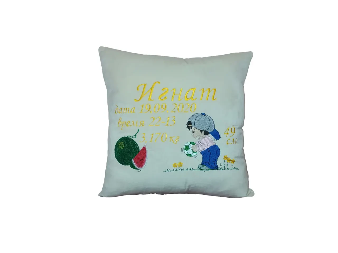 Подушка декоративная именная с вышивкой белый метрика Игнат rus 00145
