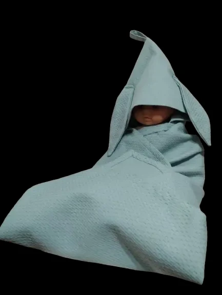 Полотенце вафельное детское с капюшоном зайка мятный подарок 03882 3