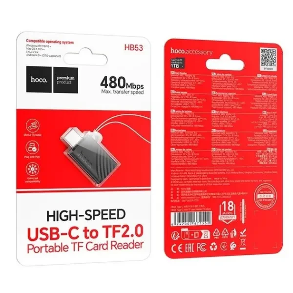 Кардрідер Hoco HB53 Type-C to TF 2.0 Black 2