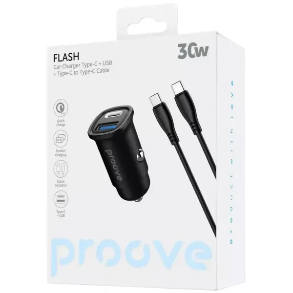 Автомобільний зарядний пристрій Proove Flash 30W (Type-C + USB) + Cable Type-C to Type-C Black (CCFC30111201) 2