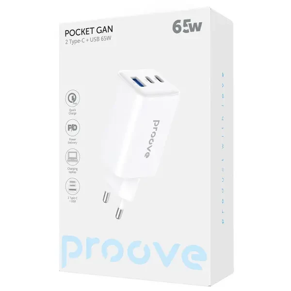 Мережевий зарядний пристрій Proove Pocket GaN 65W (2Type-C + USB) White (WCPG65121202) 2
