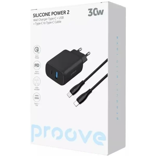 Мережевий зарядний пристрій Proove Silicone Power 2 30W (Type-C + USB) + cable Type-C to Type-C 1m Black (WCSP23011001) 5