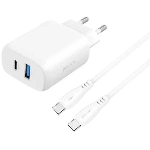 Мережевий зарядний пристрій Proove Silicone Power 2 30W (Type-C + USB) + cable Type-C to Type-C 1m White (WCSP23011002)