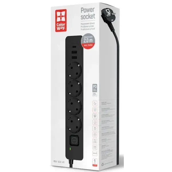 ColorWay Фільтр живлення СolorWay 4 розетки, 2USB-A,Type-C (24W) 2м Black (CW-CHE432PDB) 2