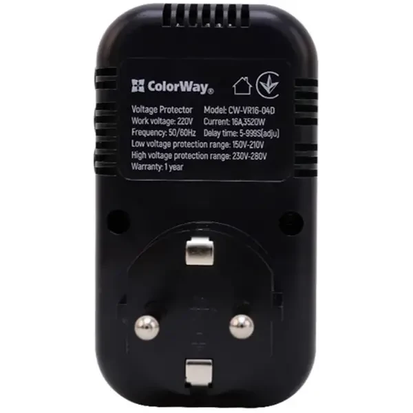 Реле напруги ColorWay (16A/3680W) 150V-210V/230V-280V DS1 Black (CW-VR16-04D) 5