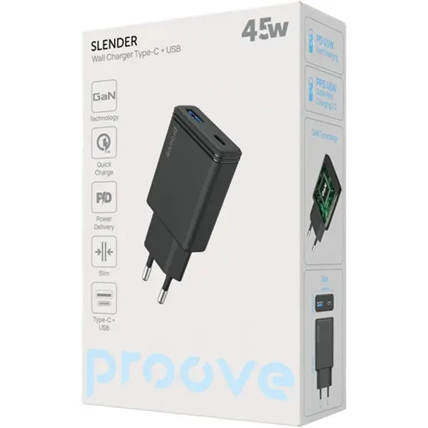 МЗП Proove Slender 45W (Type-C + USB) Black (WCSL45110001) 2