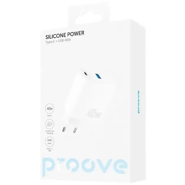 Мережевий зарядний пристрій Proove Silicone Power 2 45W (Type-C + USB) White (WCSP24110002) 5