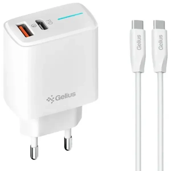 Мережевий зарядний пристрій Gelius Genesis Radiance GP-HC058 25W USB+Type-C QC PD + cable Gelius One Type-C to Type-C White