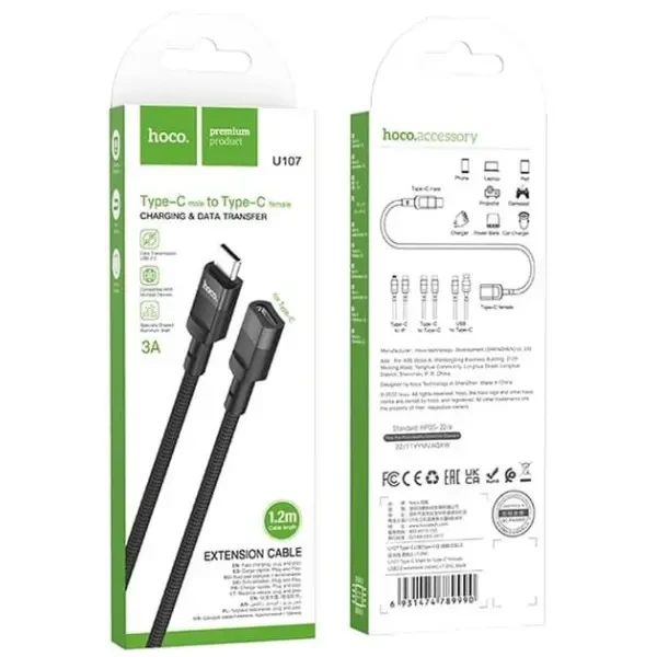 Кабель Hoco U107 Type-C Male to Type-C Female 1.2m Black 4