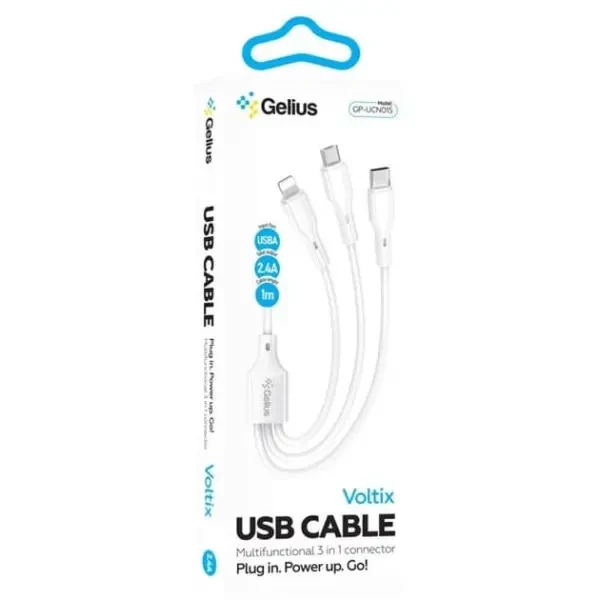 Кабель Gelius Voltix 3-in-1 Type-C to Type-C+MicroUSB+Lightnong 2.4A 1m (GP-UCN015) White 2