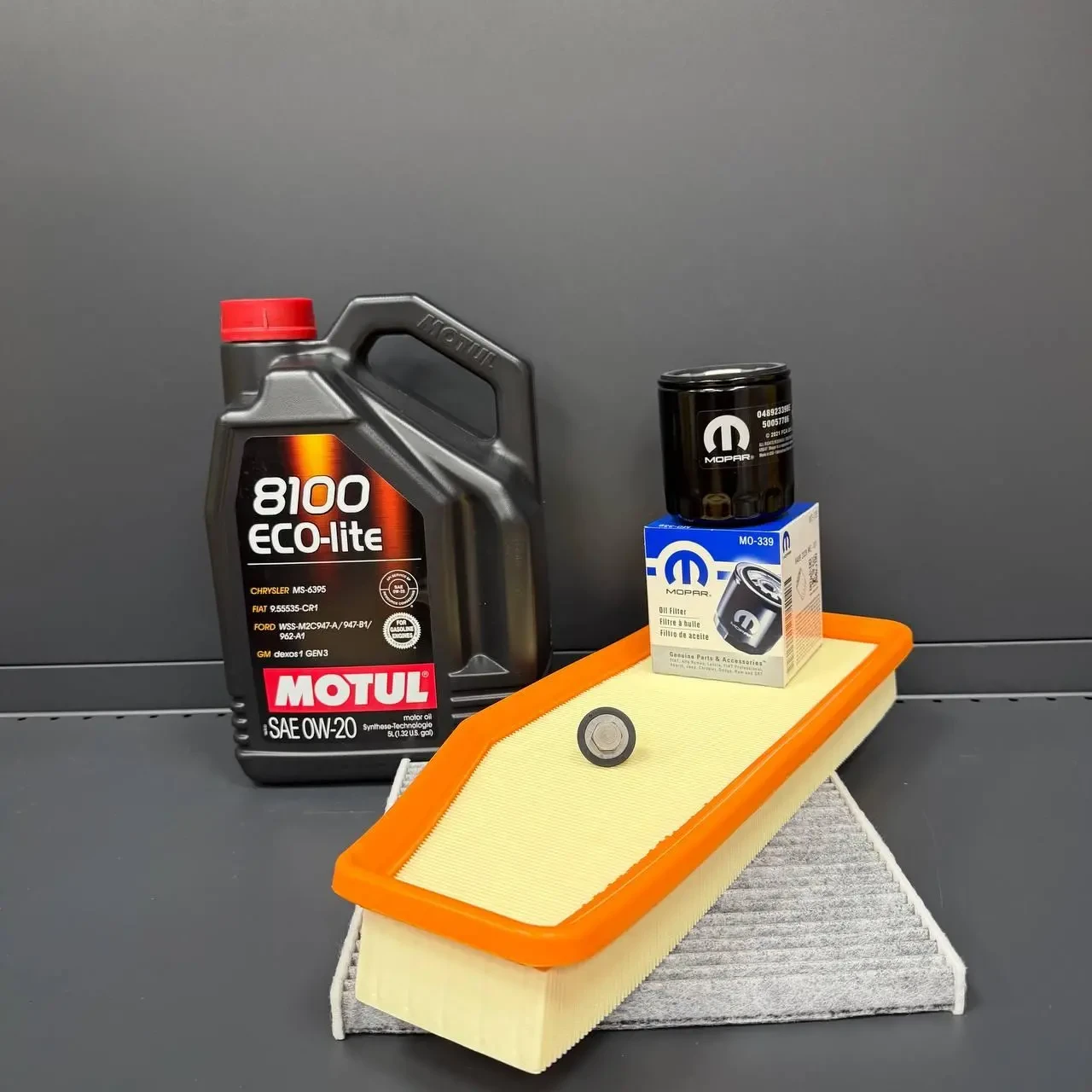 Комплект для ТО MOTUL Eco-Lite 0w20 Jeep Cherokee рест 2018+  2.0 (Масло, фільтр масляний, фільтр повітряний, фільтр салону