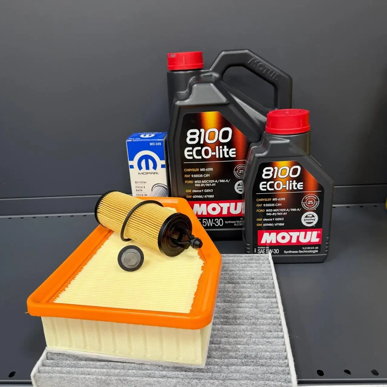 Комплект для ТО MOTUL Eco-Lite 5w30 Cherokee  рест 2018+  3.2 (Масло, фільтр масляний, фільтр повітряний, фільтр салону вугільний,