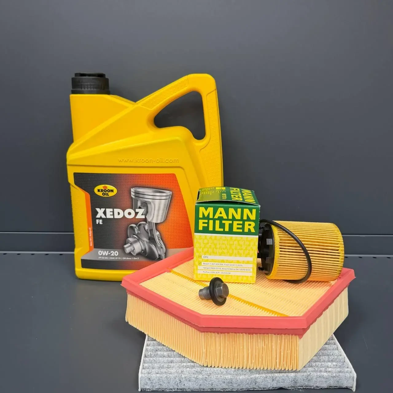 Комплект для ТО  KROON OIL 0w20 DODGE DART 1.4 (Масло, фільтр масляний, фільтр повітряний, фільтр салону вугільний, зливна кришка)