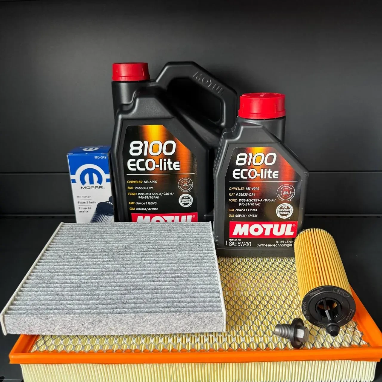Комплект для ТО Motul 5w30 Dodge RAM 1500 3.6 13-20 (Масло5+1, фільтр масляний, фільтр повітряний, фільтр салону вугільний, зливна