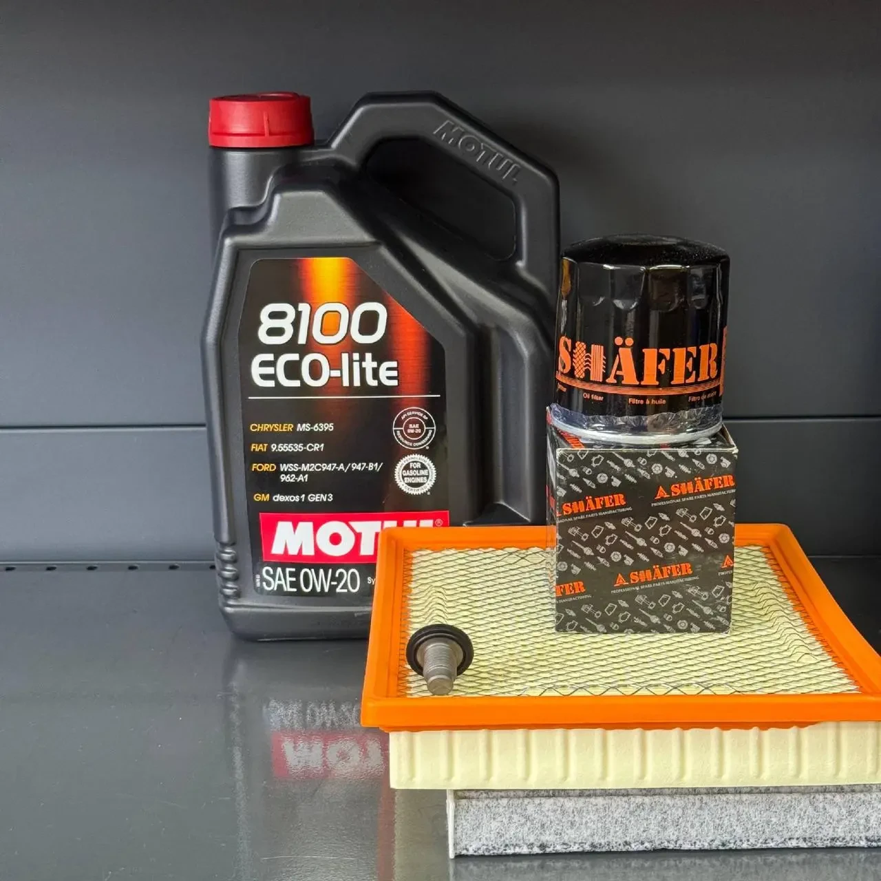 Комплект для ТО MOTUL Eco-Lite 0w20 Dodge Journey 2.4 (Масло, фільтр масляний, фільтр повітряний, фільтр салону вугільний, зливна