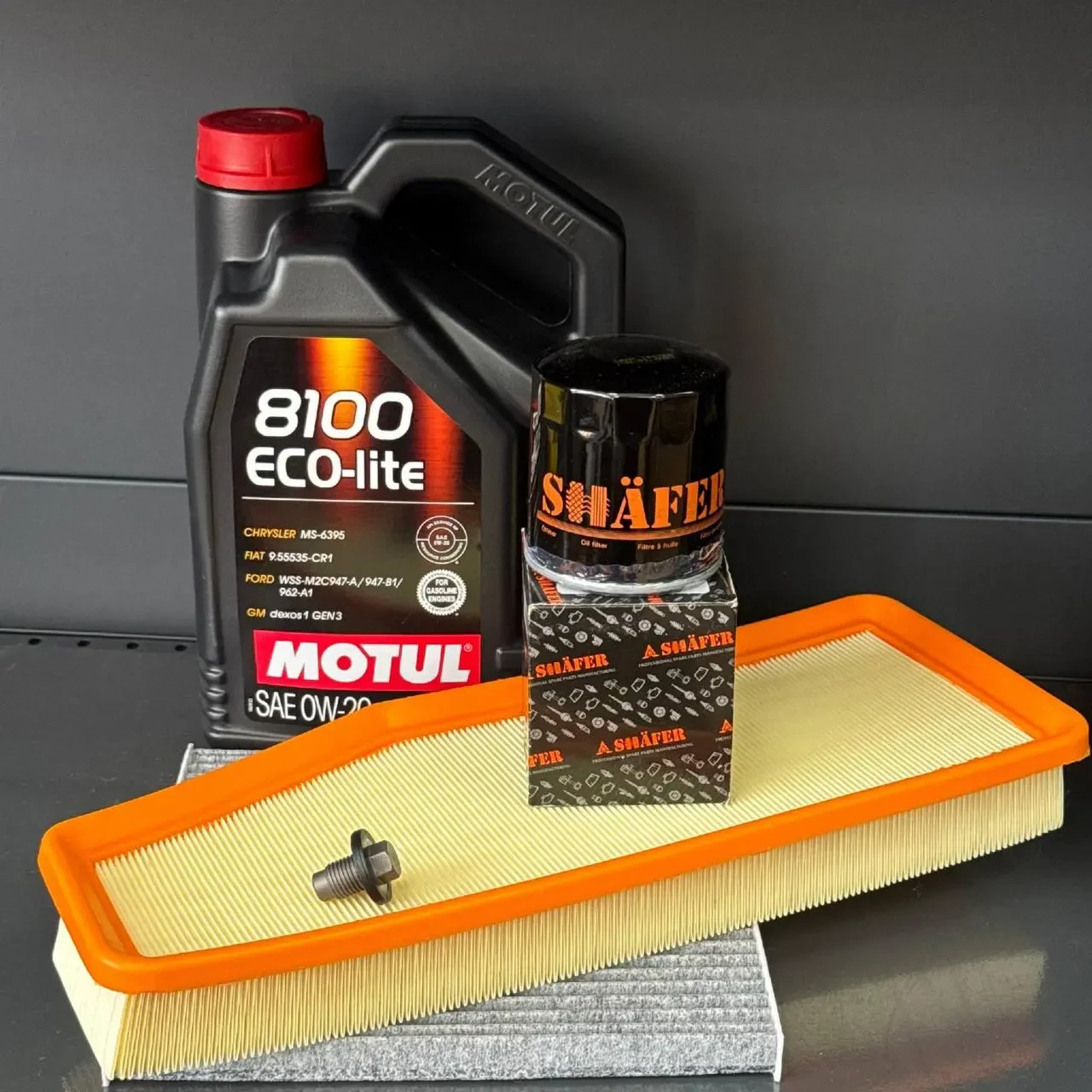 Комплект для Motul 0w20 Jeep Cherokee рест 2018+ 2.0 (Масло, фільтр масляний, фільтр повітряний, фільтр салону вугільний, зливна