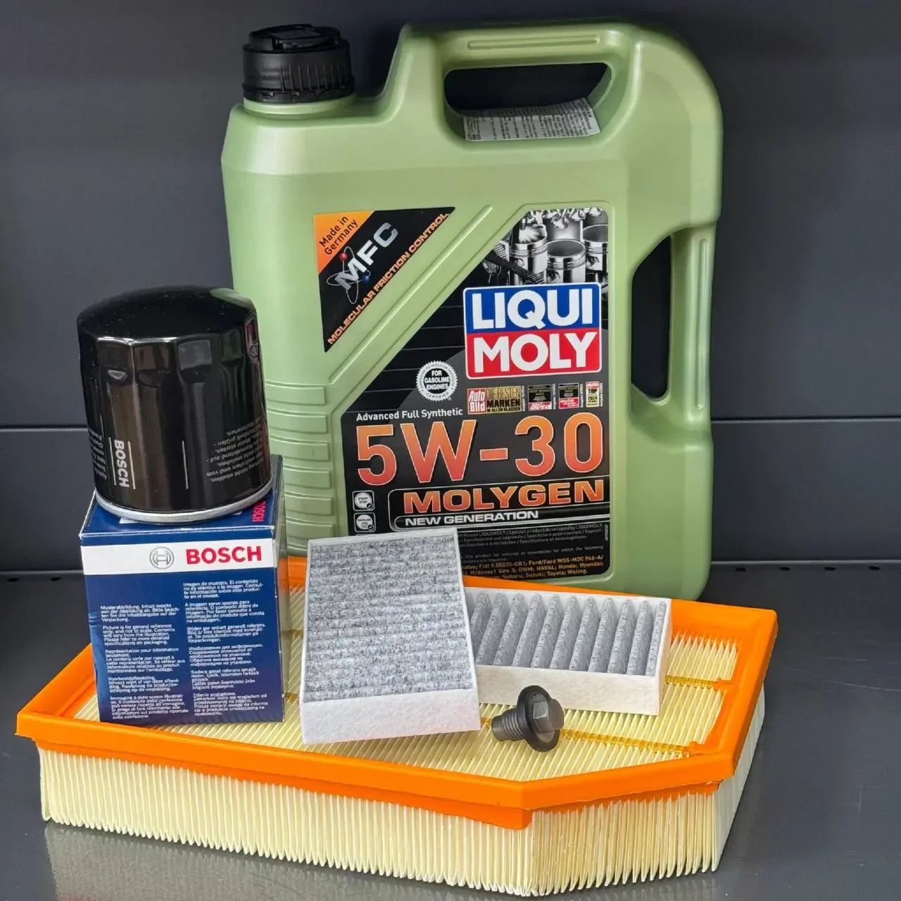 Комплект для ТО Liqui Moly 5w30 Jeep Wrangler 2.0 2018 (Масло, фільтр масляний, фільтр повітряний, фільтр салону вугільний, зливна