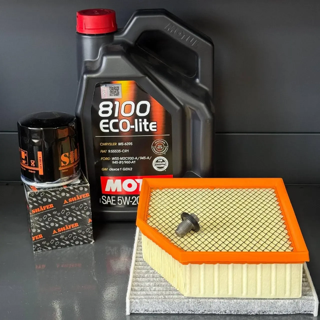 Комплект для ТО Motul   5w20 DODGE DART 2.0/2.4 (Масло, фільтр масляний, фільтр повітряний, фільтр салону вугільний, зливна