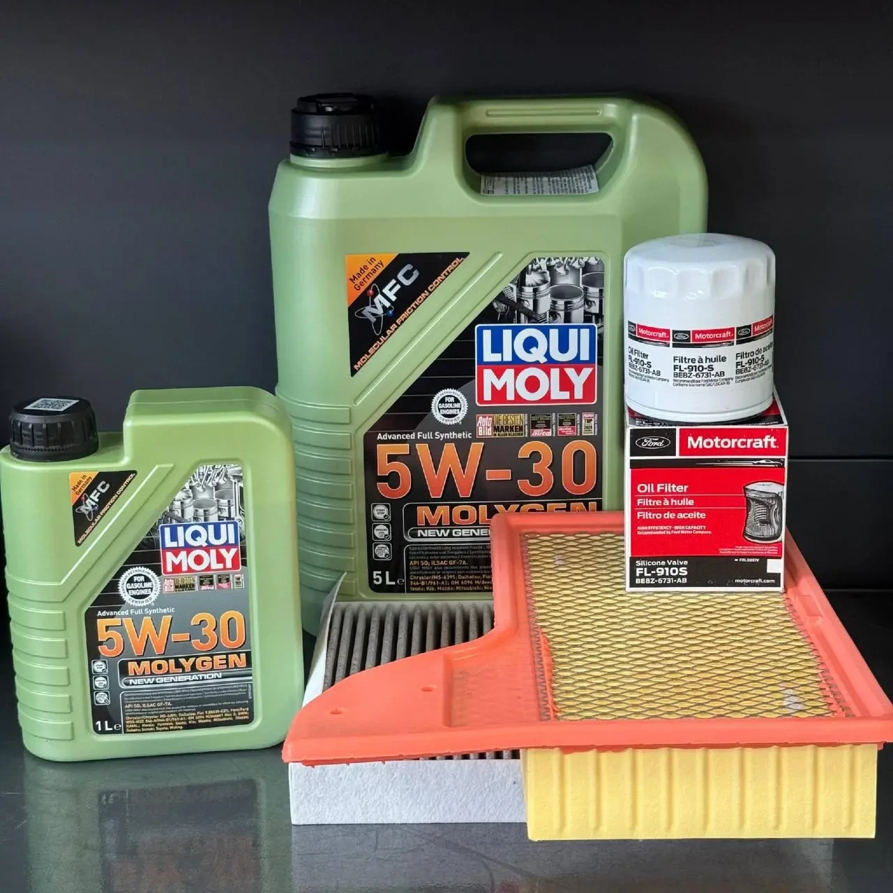 Комплект для ТО Liqui Moly 5w30 Ford Mustang (2.3)15-21 (Масло 6л, фільтр масляний, фільтр повітряний, фільтр салону вугільний)
