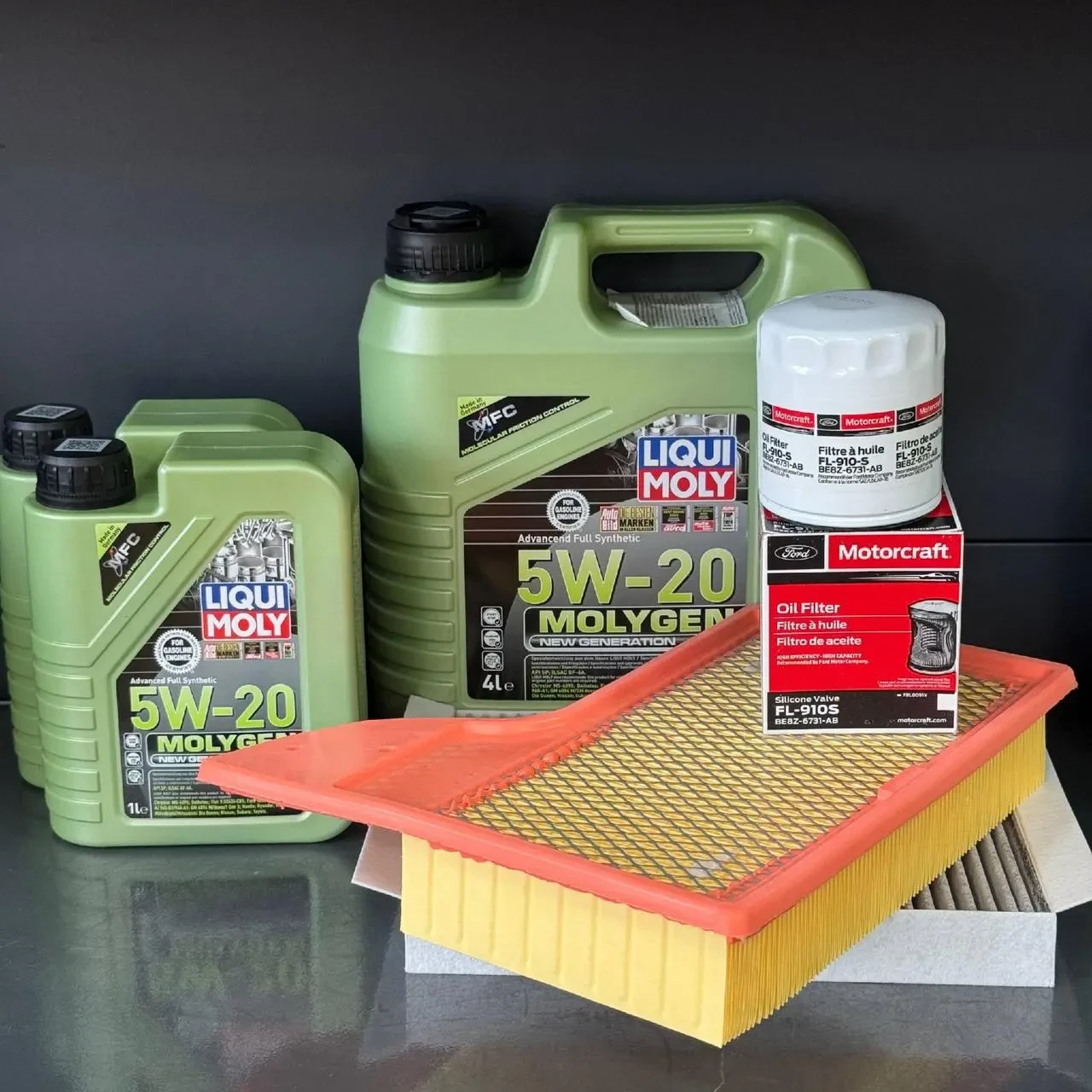 Комплект для ТО Liqui Moly 5w20 Ford Mustang (2.3)15-21 (Масло 6л, фільтр масляний, фільтр повітряний, фільтр салону вугільний)