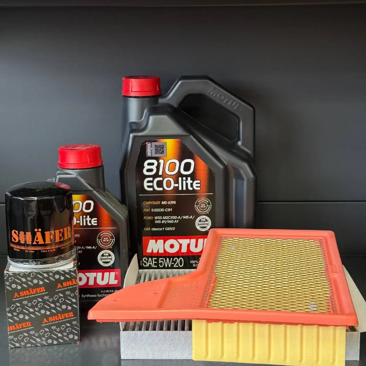 Комплект для ТО Motul 5w20 Ford Mustang (2.3)15-21 (Масло 6л, фільтр масляний, фільтр повітряний, фільтр салону вугільний)