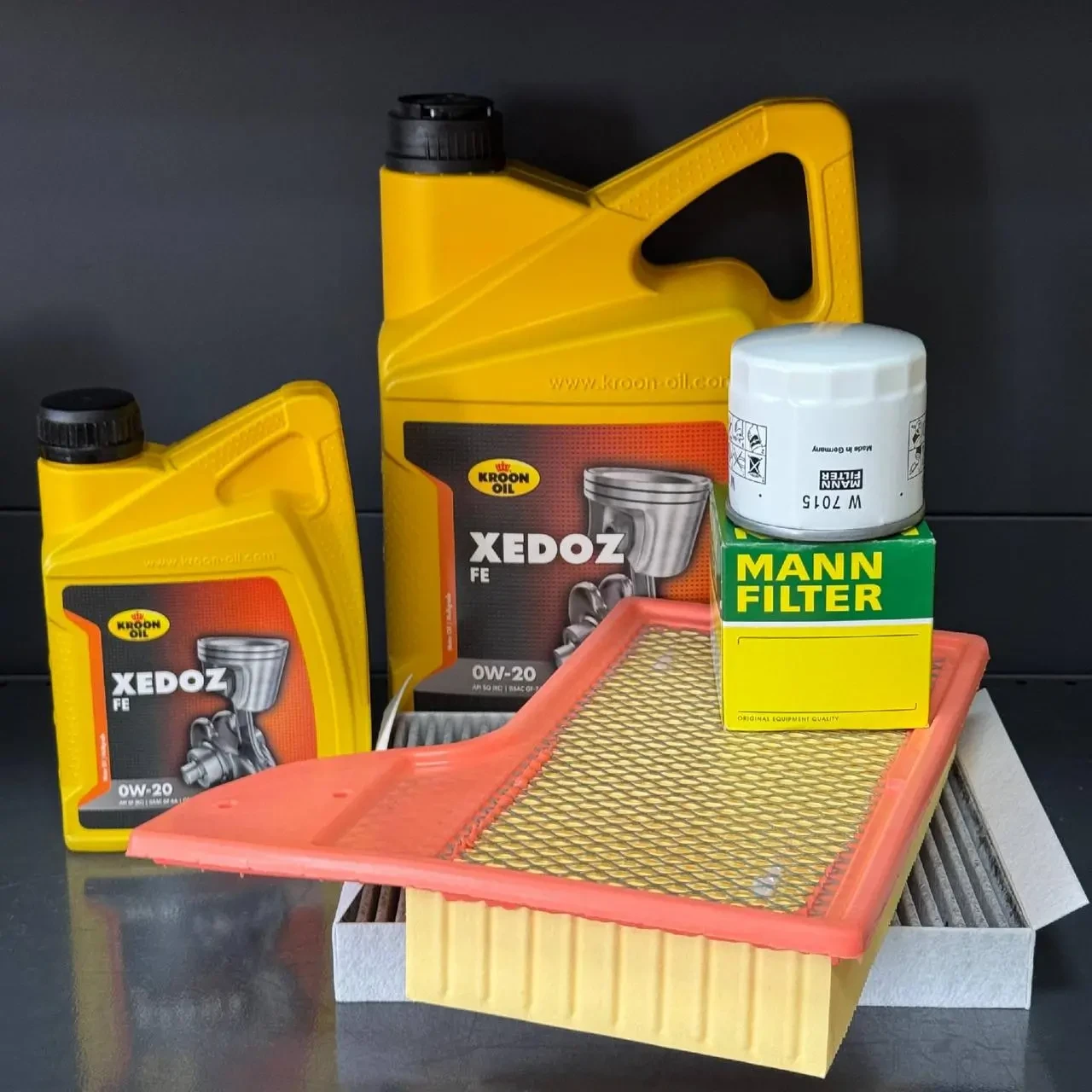 Комплект для ТО KROON OIL 0w20 Ford Mustang (2.3)15-21 (Масло 6л, фільтр масляний, фільтр повітряний, фільтр салону вугільний)