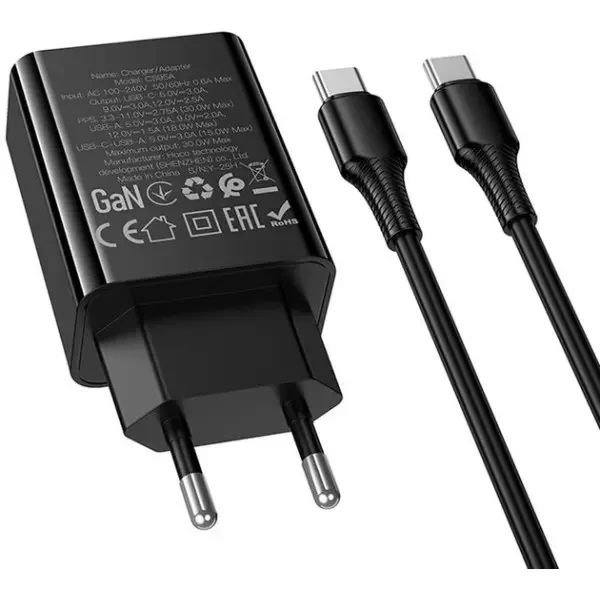 Мережевий зарядний пристрій Hoco CS95A Leader PD30W+QC3.0 (1USB-A/1C) + cable Type-C to Type-C Black 5