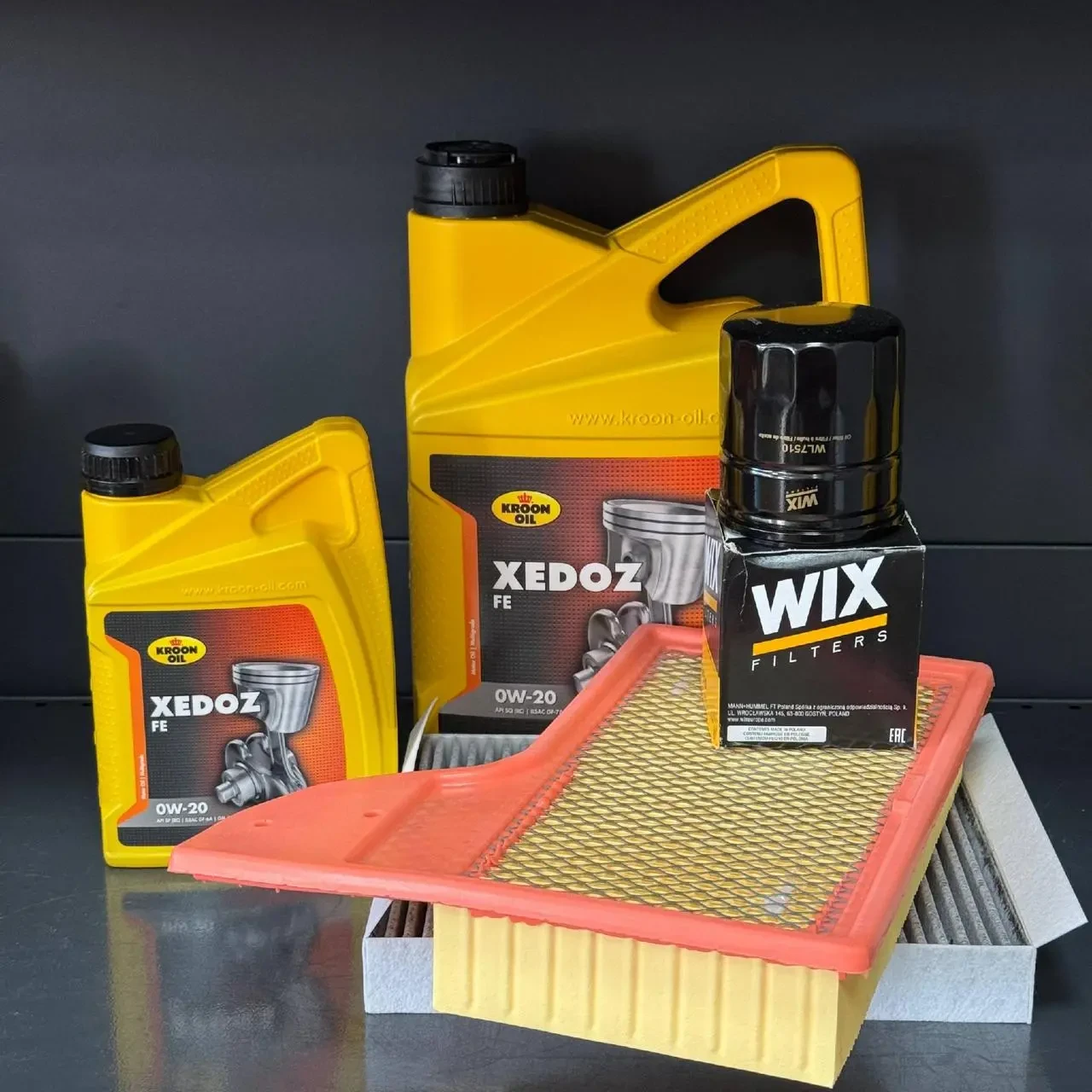 Комплект для ТО KROON OIL 0w20 Ford Mustang (2.3)15-21 (Масло 6л, фільтр масляний, фільтр повітряний, фільтр салону вугільний)