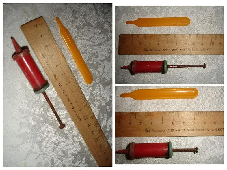 НАБІР іграшкового посуду, термометр і шприц іграшкові; гирка. РЕТРО 6