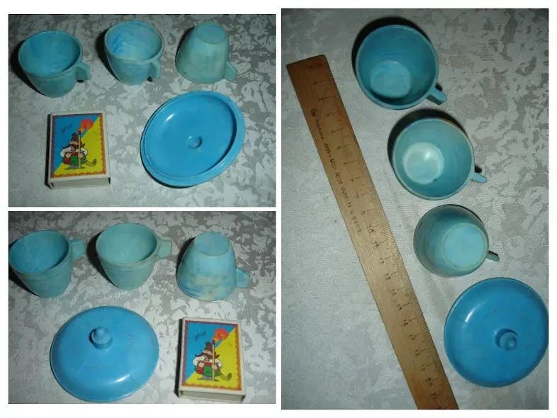 НАБІР іграшкового посуду, термометр і шприц іграшкові; гирка. РЕТРО 3