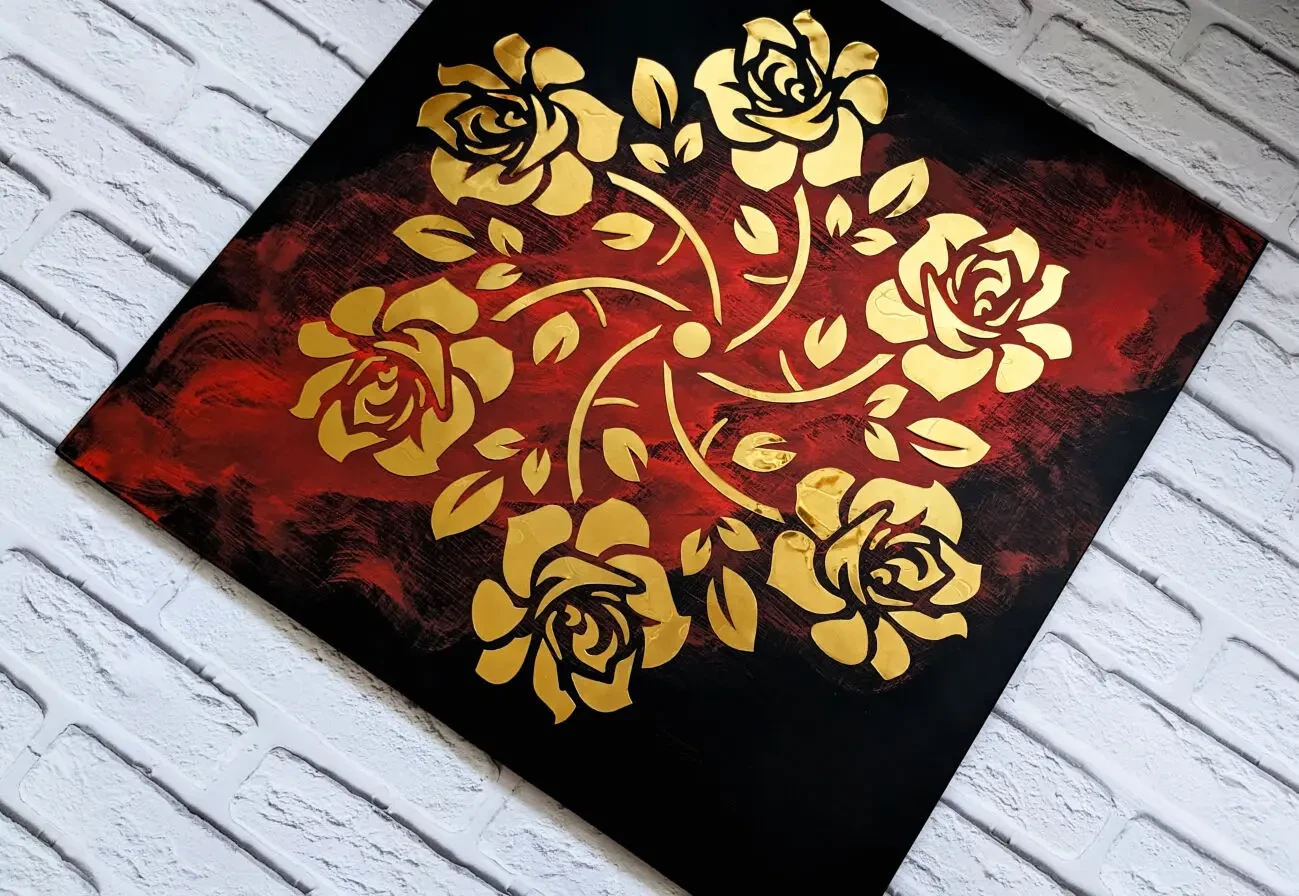 Картина золотая роза, панно из металла, зеркальное панно, арт металл 7